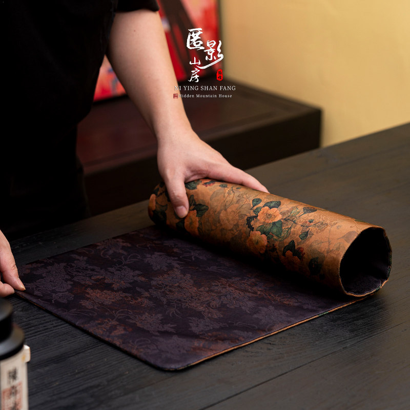 匿影山房 轻奢香云纱山茶花双面茶席防水干泡席茶桌隔热防水桌旗