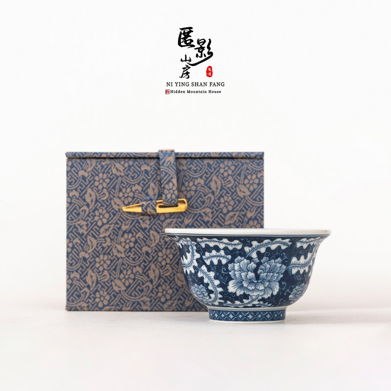 匿影山房 复古青花古莲茶杯压手杯品茗杯陶瓷功夫茶具个人专用杯