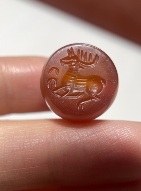 萨珊王朝玛瑙精美动物小印章15.6mm 手工錾刻大磨损念珠卡子 847