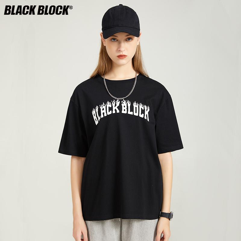 BLACK BLOCK重磅潮牌火焰图案字母男女款宽松短袖T恤