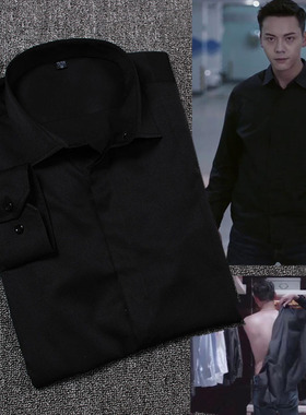 南方有乔木明星陈伟霆同款衬衫长袖男士暗门襟丝光免烫熨衬衣黑色