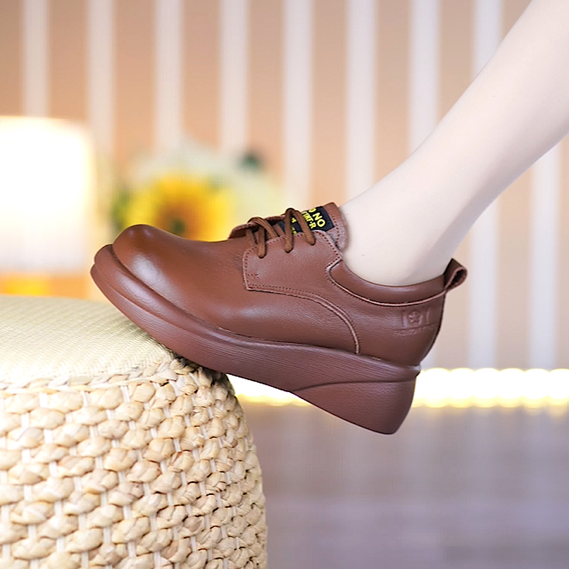 新款纯牛皮松糕厚底百搭小皮鞋