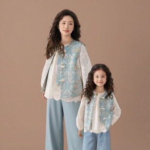 2025秋季新中式母女一家三口亲子装秋装中国风时尚马甲衬衫全家装