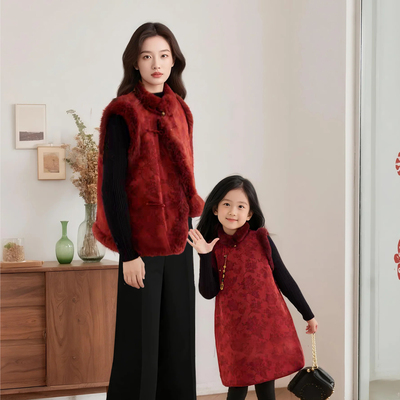 国风亲子装2025冬季新款高端外套新中式母女款拜年服红色背心马甲