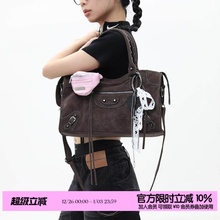 简着 /限定麂皮绒·棕色巴黎铆钉辣妹机车包 复古通勤单肩斜挎包