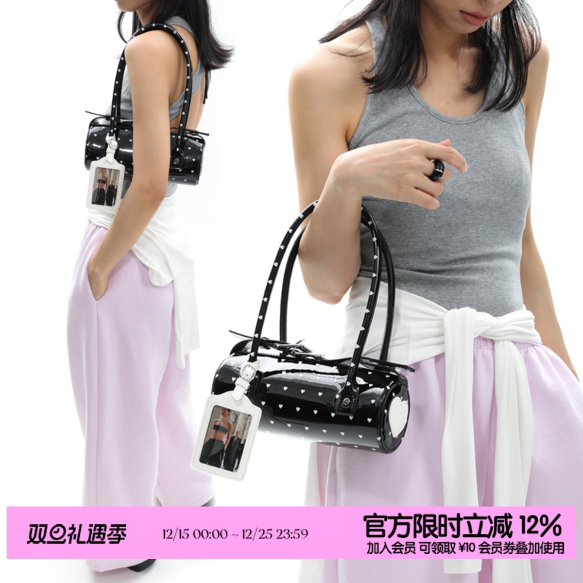 简着25SS 原创 爱心波点系列 黑色漆皮圆筒包手提腋下包撞色卡套