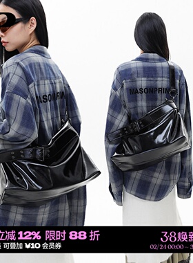 简着 /原创穆肯斯黑色双孔皮带托特包潮酷辣妹宽肩带大容量斜挎包