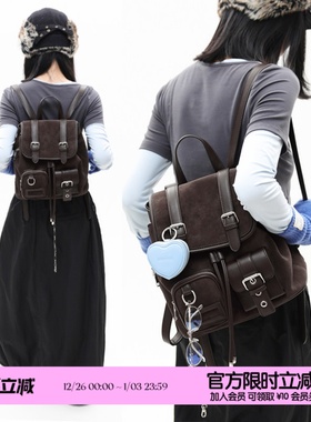 简着 /原创 布朗日记 麂皮绒棕巴恩风美式复古通勤学院双肩包背包