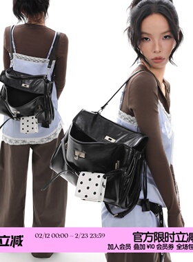 简着25AW 原创 黑色波点高级感双肩背包女腋下斜挎3用凯莉公文包