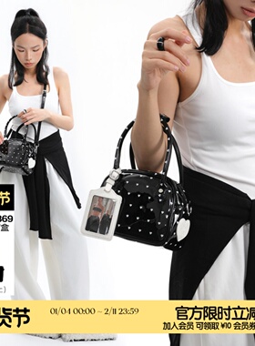 简着25SS 原创 爱心波点系列 黑色漆皮波士顿手提斜挎小方包撞色