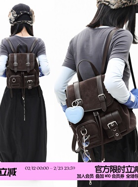 简着 /原创 布朗日记 麂皮绒棕巴恩风美式复古通勤学院双肩包背包