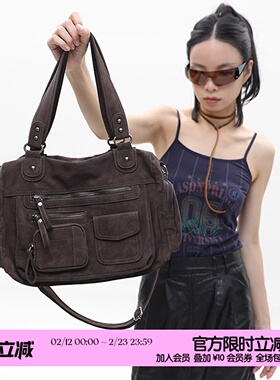 简着 /原创 深咖棕·里斯林肯 麂皮绒多口袋拉链机车包单肩斜挎包