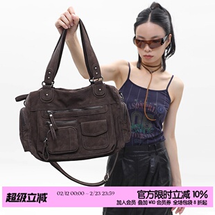 简着 /原创 深咖棕·里斯林肯 麂皮绒多口袋拉链机车包单肩斜挎包