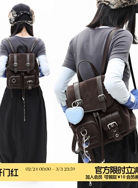 简着 /原创 布朗日记 麂皮绒棕巴恩风美式复古通勤学院双肩包背包