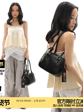 简着25AW 原创 黑色双面卡套波士顿包 单肩腋下保龄球包豆腐包