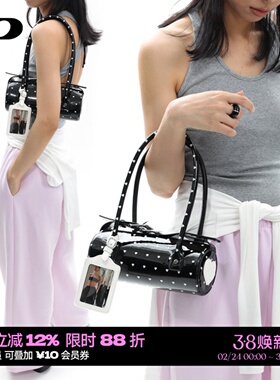 简着/原创 爱心波点系列黑色漆皮圆筒包手提腋下包通勤单肩小包女