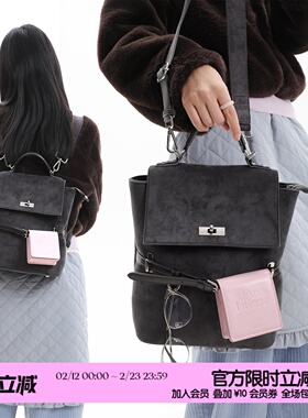 简着26SS 原创 鲁拉尼尼英伦黑灰麂皮学院撞色背包双肩包斜挎通勤