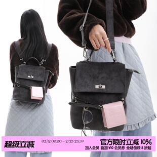简着26SS 原创 鲁拉尼尼英伦黑灰麂皮学院撞色背包双肩包斜挎通勤