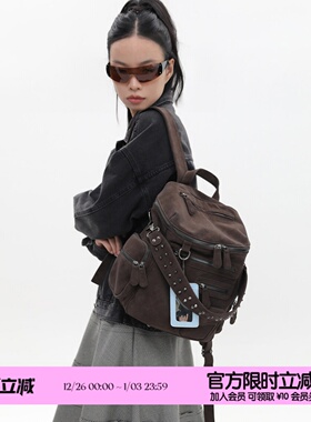 简着 /原创 里斯林肯麂皮棕 旷野美拉德拉链铆钉通勤机车双肩包