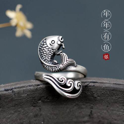 2024新款年年有鱼戒指开口女金银锦鲤复古国潮古典简约个性环饰品