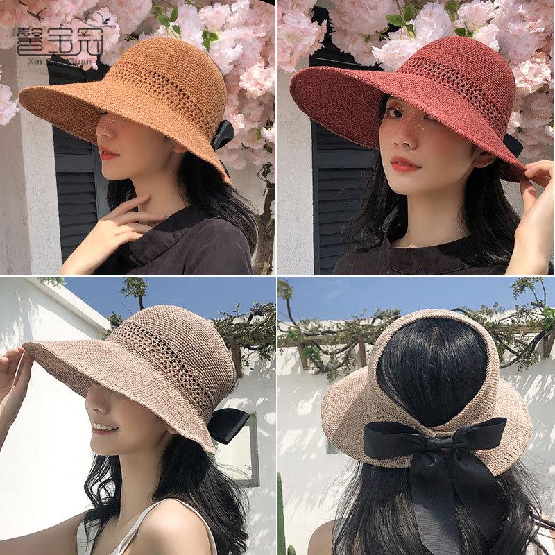 遮阳帽草帽夏天蝴蝶结新款9034帽女子大檐帽防晒针织空顶户外防晒