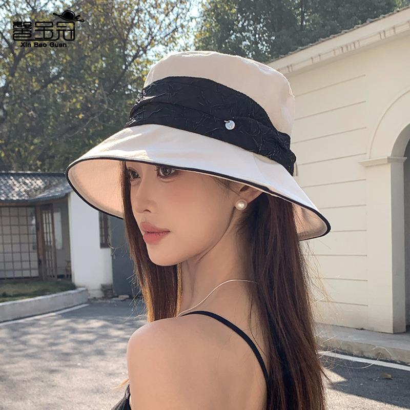 帽子时尚春夏季褶皱遮阳女百搭盆帽日系渔夫帽感拼色高级防晒韩版