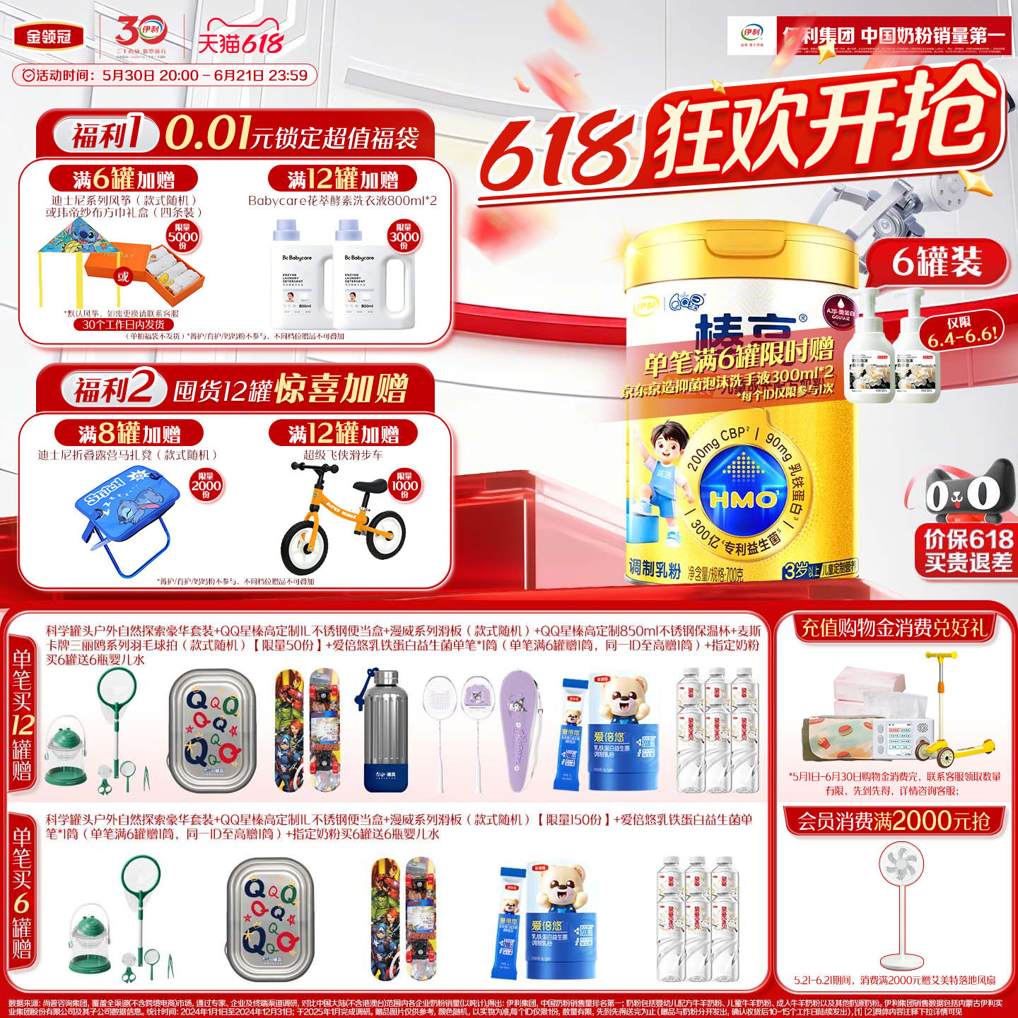 伊利QQ星榛高铂金装CBP3岁以上儿童高钙成长牛奶粉700g*6罐