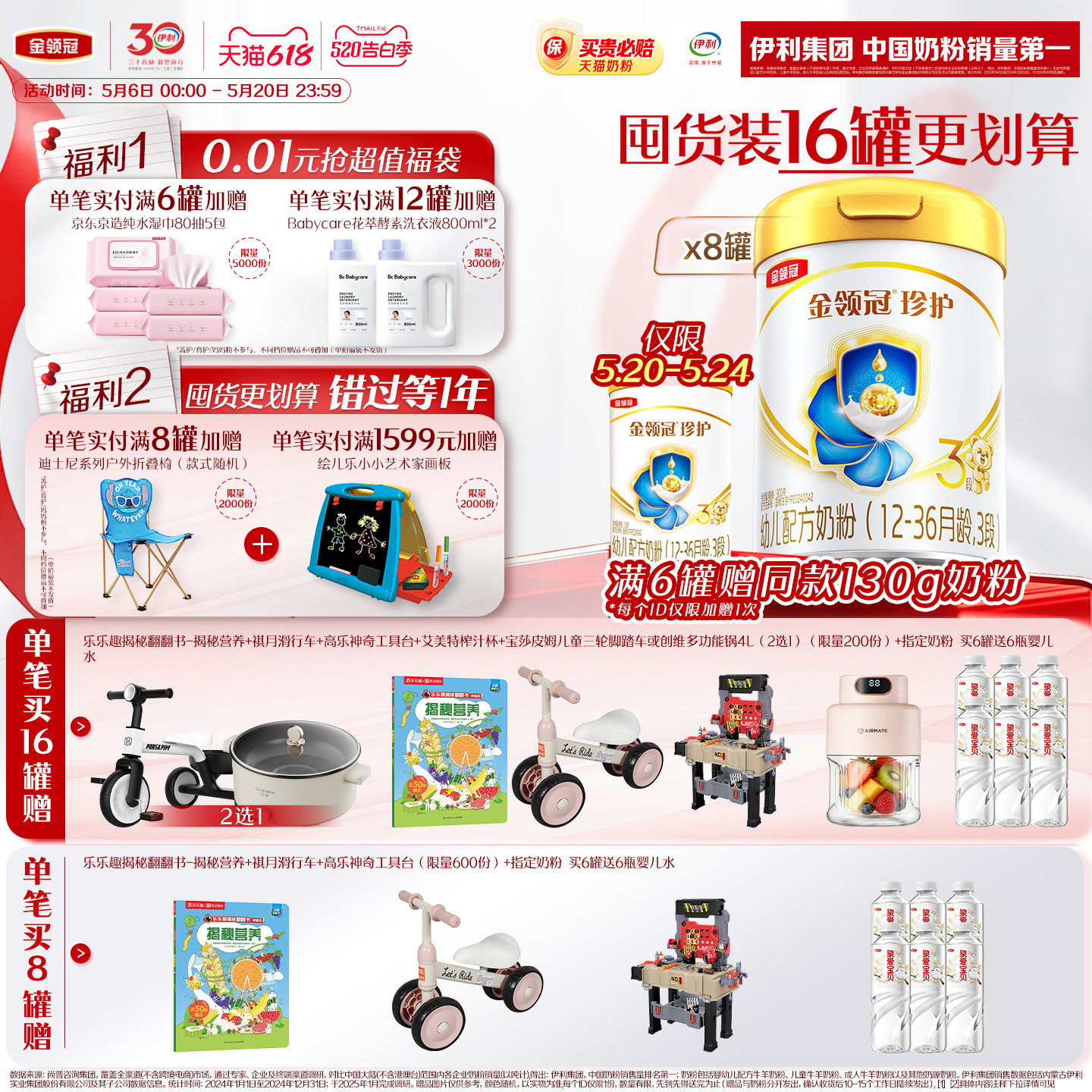 【HMO乳源专利】伊利金领冠珍护3段12-36个月婴幼儿奶粉900g*8罐