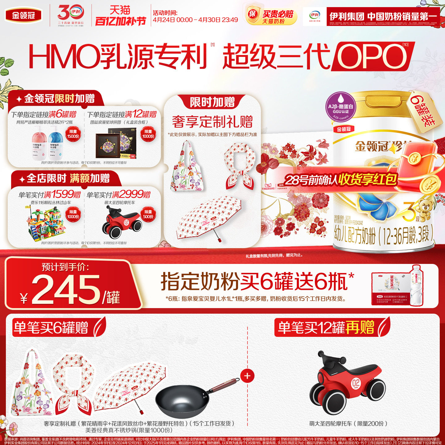 新鲜【HMO乳源专利】伊利金领冠珍护3段1-3岁婴幼儿奶粉900g*6罐