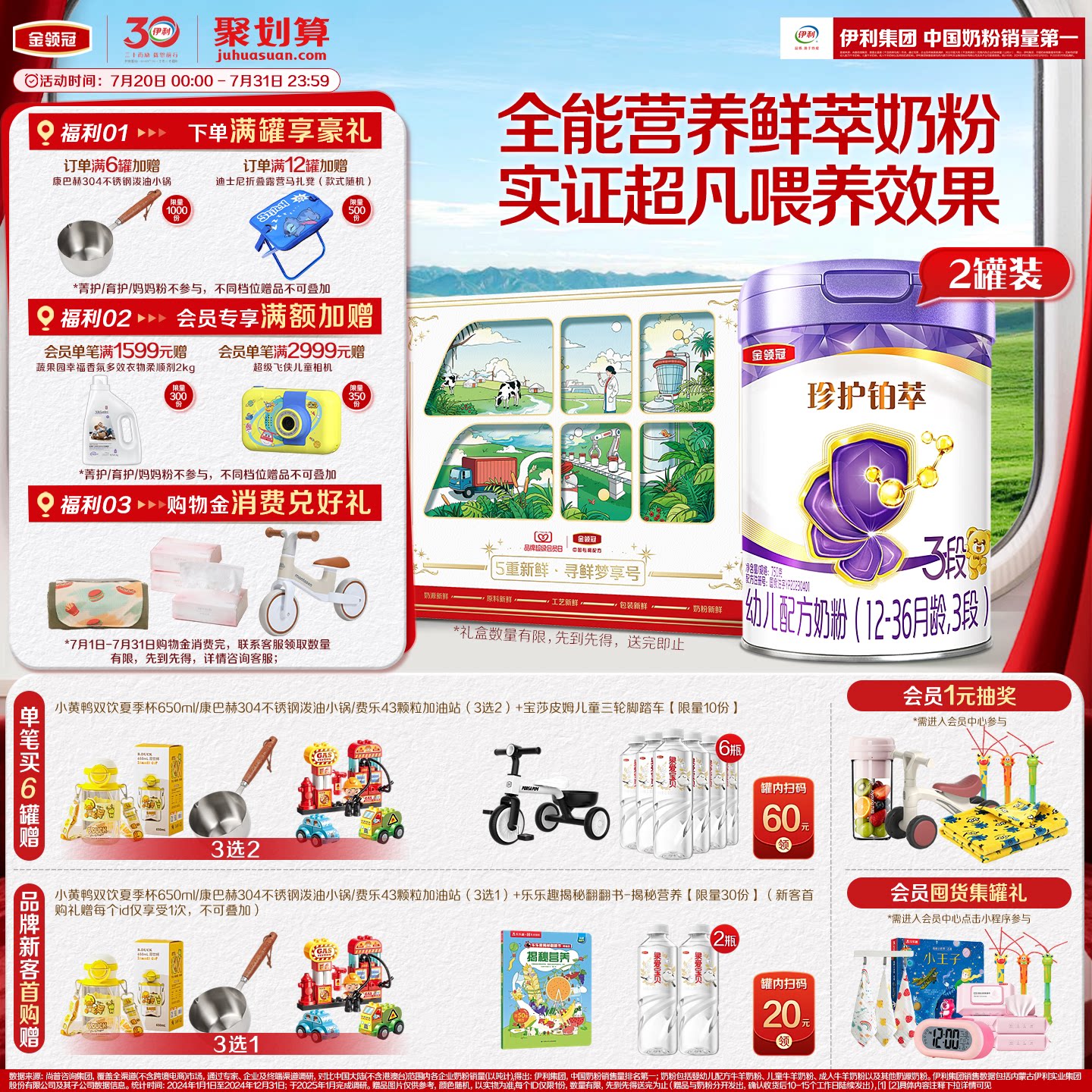 【乳源HMO】新鲜-伊利金领冠珍护铂萃3段1-3岁婴幼儿牛奶粉750g*2