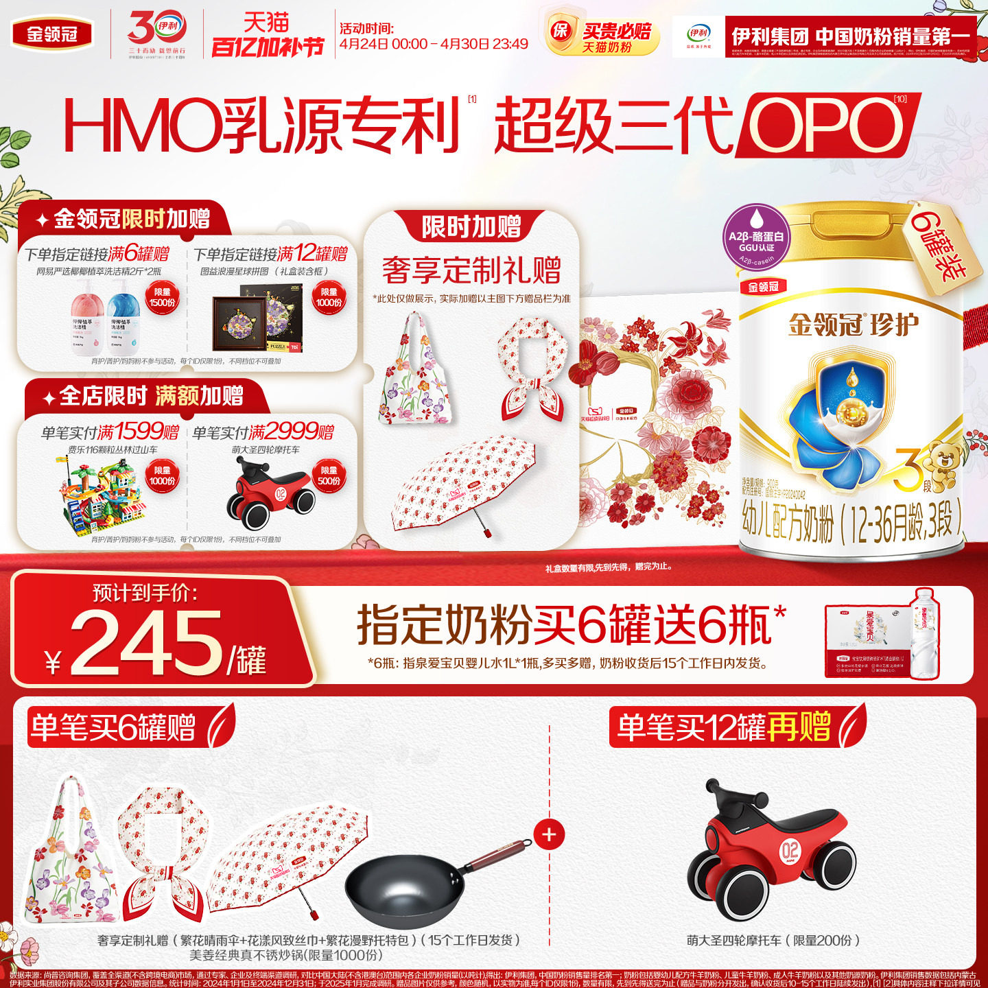 新鲜【HMO乳源专利】伊利金领冠珍护3段1-3岁婴幼儿奶粉900g*6罐