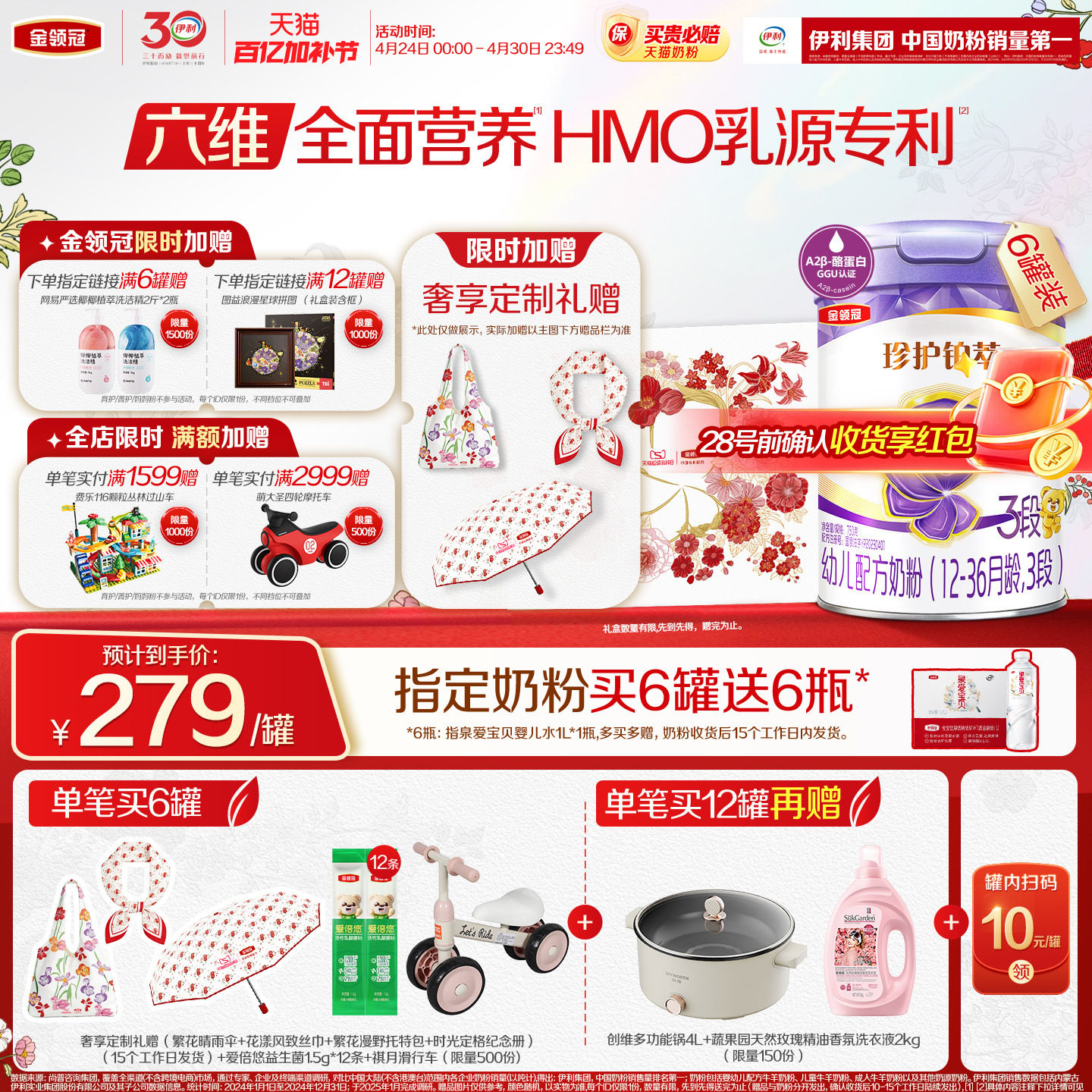 【HMO升级】新鲜-伊利金领冠珍护铂萃3段婴幼儿1-3岁牛奶粉750g*6