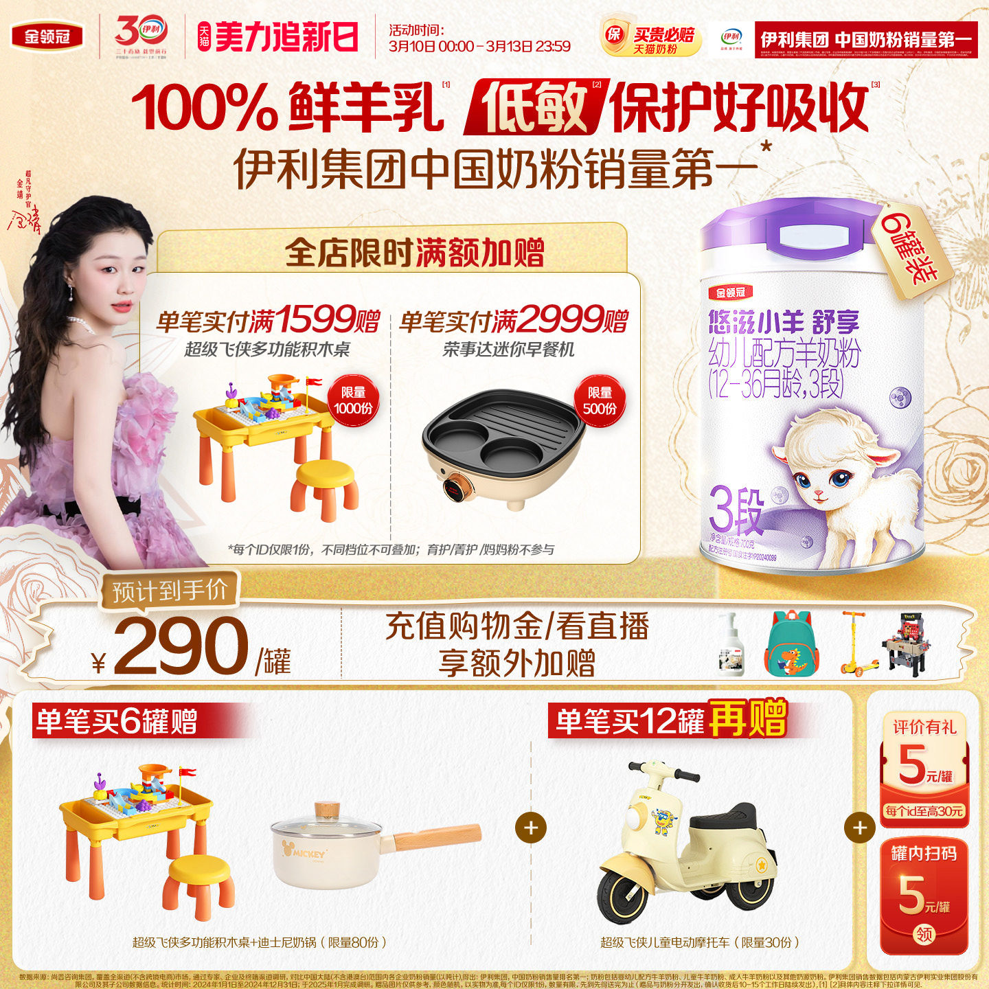 伊利金领冠悠滋小羊舒享3段1-3岁婴幼儿低敏HMO羊奶粉700g*6罐