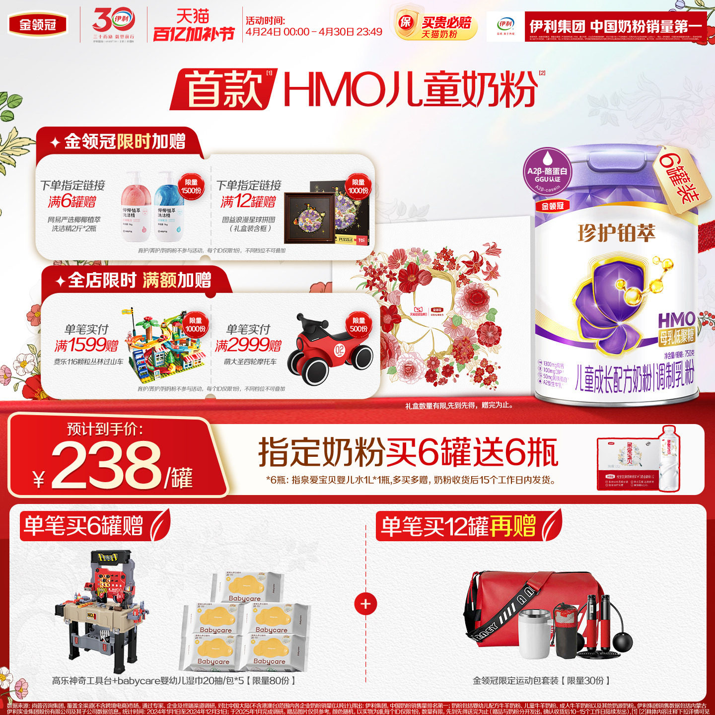 预售-伊利金领冠珍护铂萃4段3岁以上儿童成长配方牛奶粉750g*6