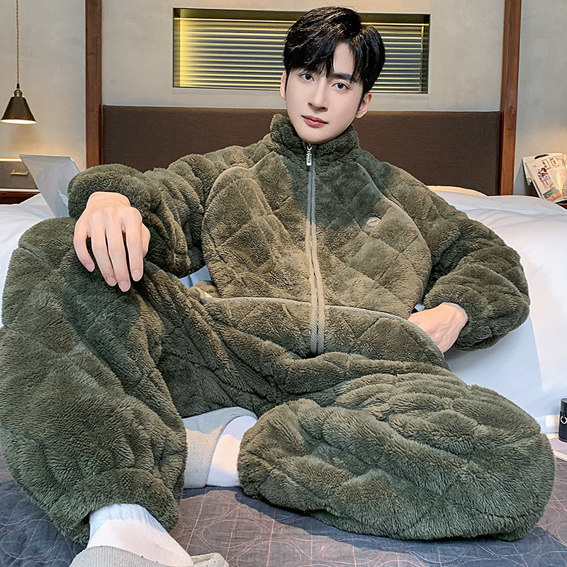 冬季保暖三层夹棉袄睡衣男加绒加厚拉链立领珊瑚绒冬天家居服套装