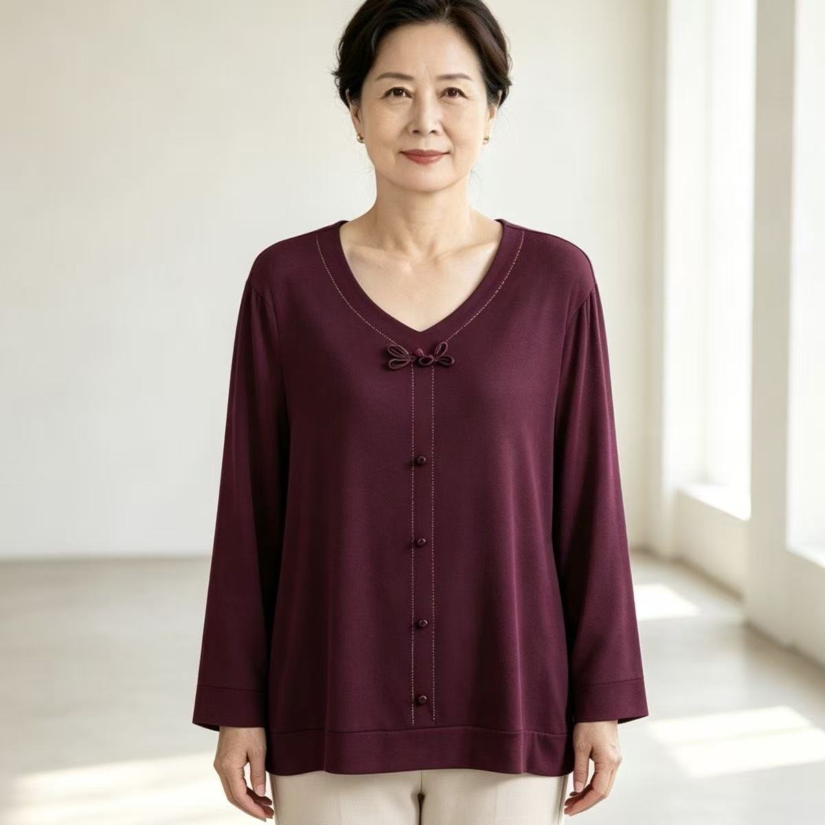 中老年妈妈新款女士长袖百搭宽松圆领上衣秋衣打底蝴蝶结宽松遮肚