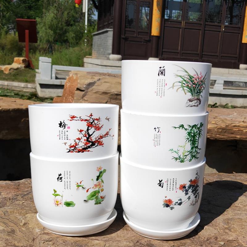 高档塑料陶瓷防花树脂盆圆形加厚家用室内阳台绿萝多肉带托盘花盆