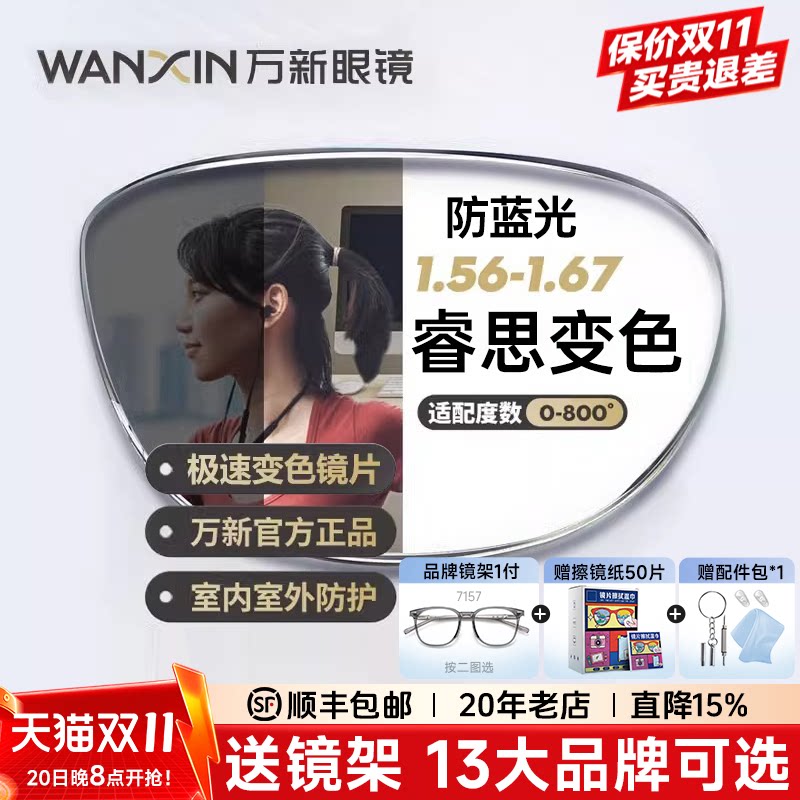万新睿思变色防蓝光镜片近视智能变灰色1.67高度数定制近视镜片