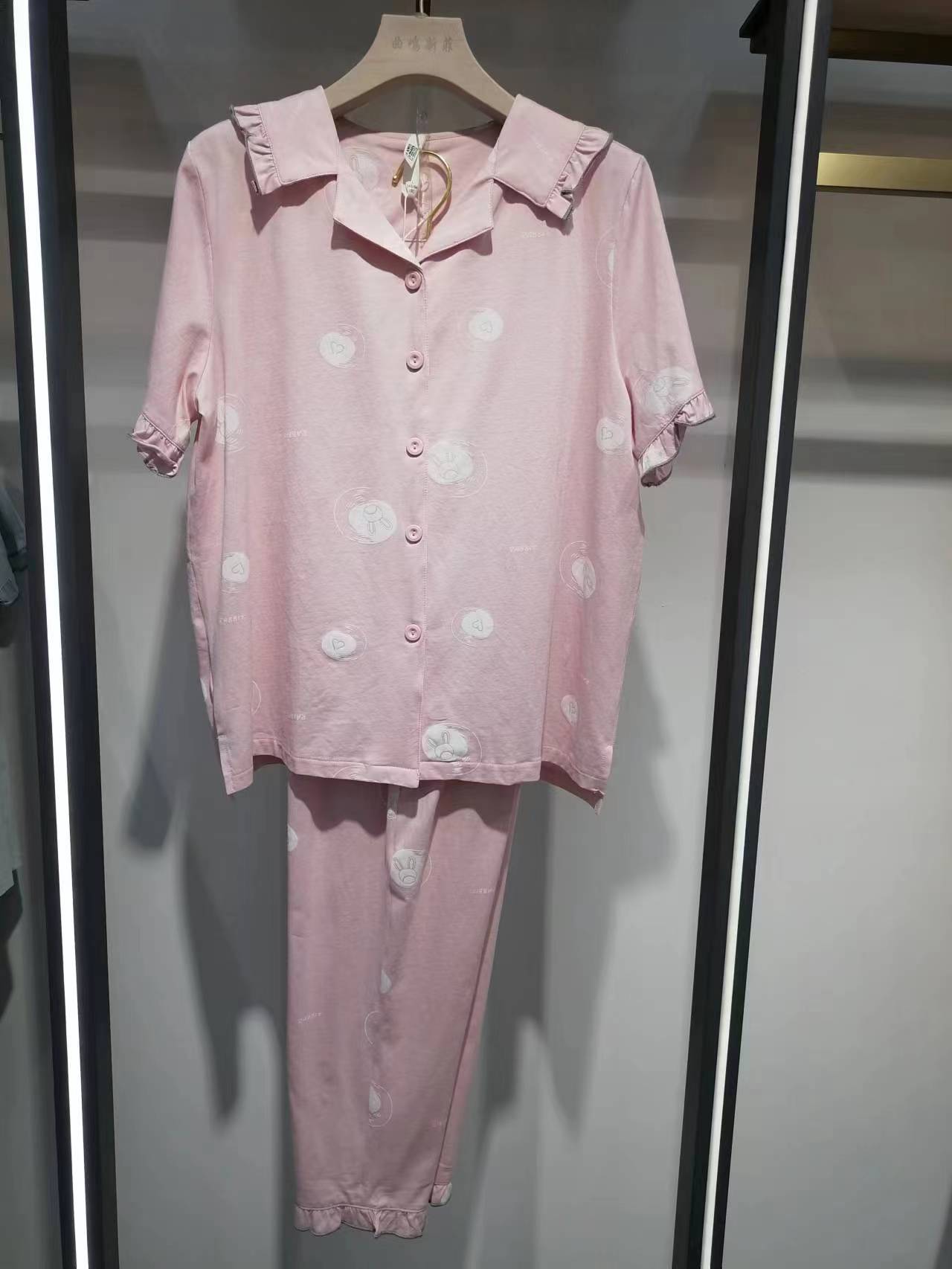 棉彩儿夏季女款纯棉翻领开衫短袖长裤家居服睡衣3277-1