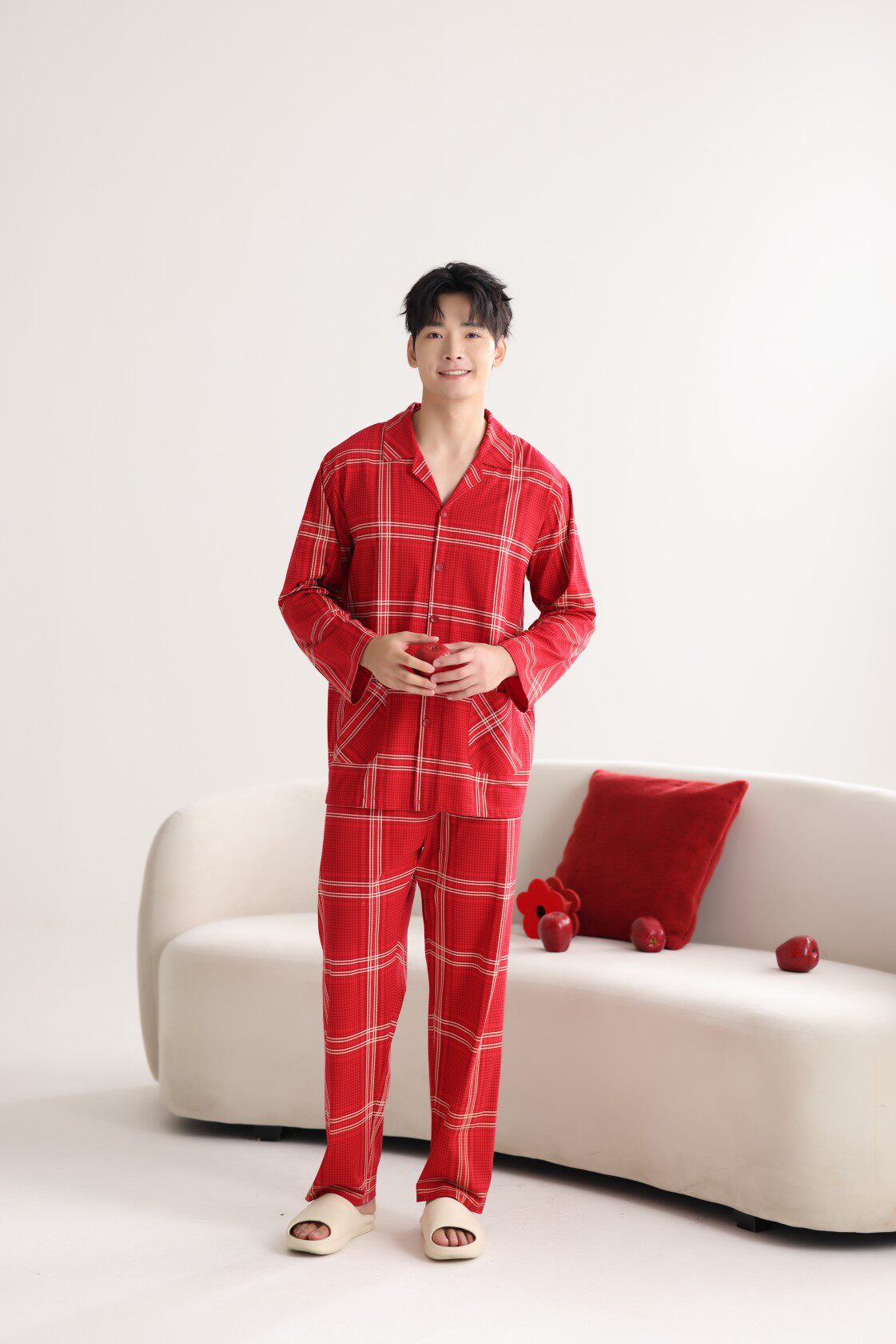 佐雅春季男款喜庆红棉莱卡开衫长睡衣/家居服套装