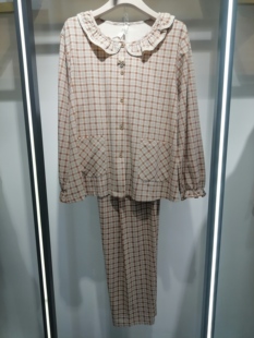 棉彩儿秋冬女款竹纤维棉圆领开衫长袖紧口格子家居服睡衣套装4143