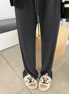 黑灰色慵懒风阔腿裤女秋冬2023新款高腰垂感休闲直筒长裤糯米裤子