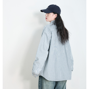 春秋新款日系复古条纹衬衫男女学院风宽松长袖纯棉衬衣休闲薄上衣