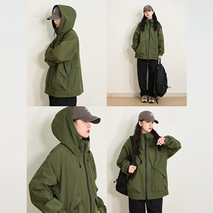 春秋新款美式复古工装连帽短款冲锋衣外套男女宽松防泼水廓形户外