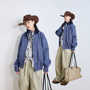 春秋美式复古防风风短款蓝色做旧皮衣男女立领潮牌飞行员夹克外套