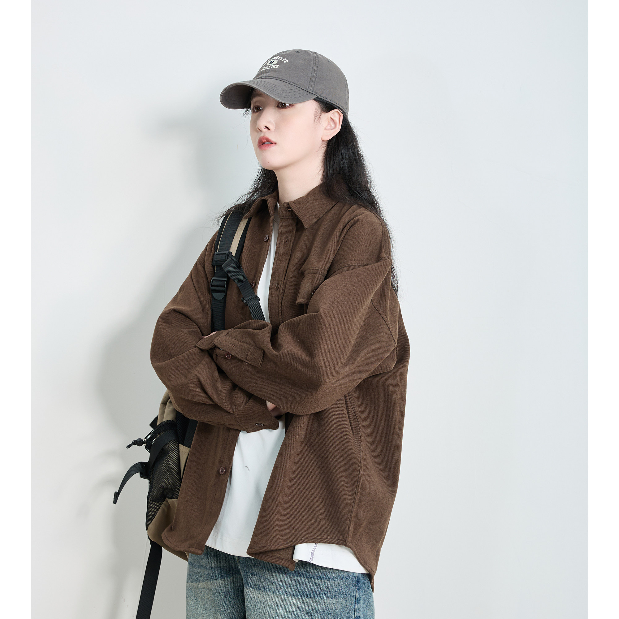 春秋毛呢加厚工装宽松显瘦衬衫女