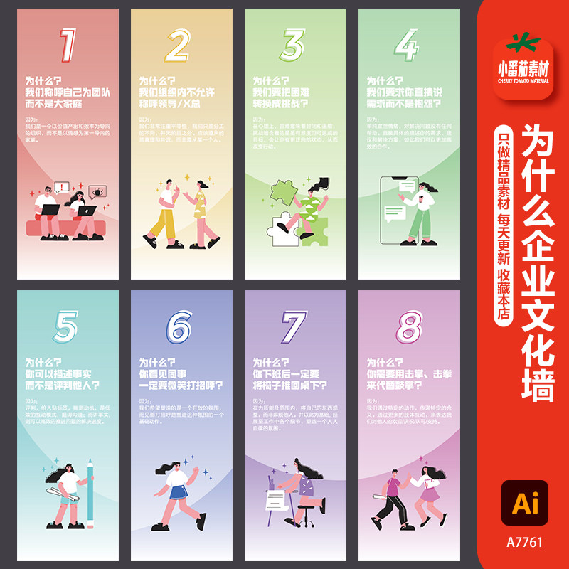 扁平化人物互联网企业八个为什么企业文化墙海报ai设计素材模板图片
