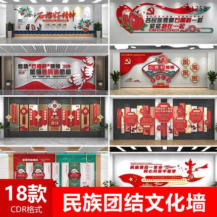 红色大气石榴籽精神文化墙民族团结文化墙CDR素材设计源文件模版