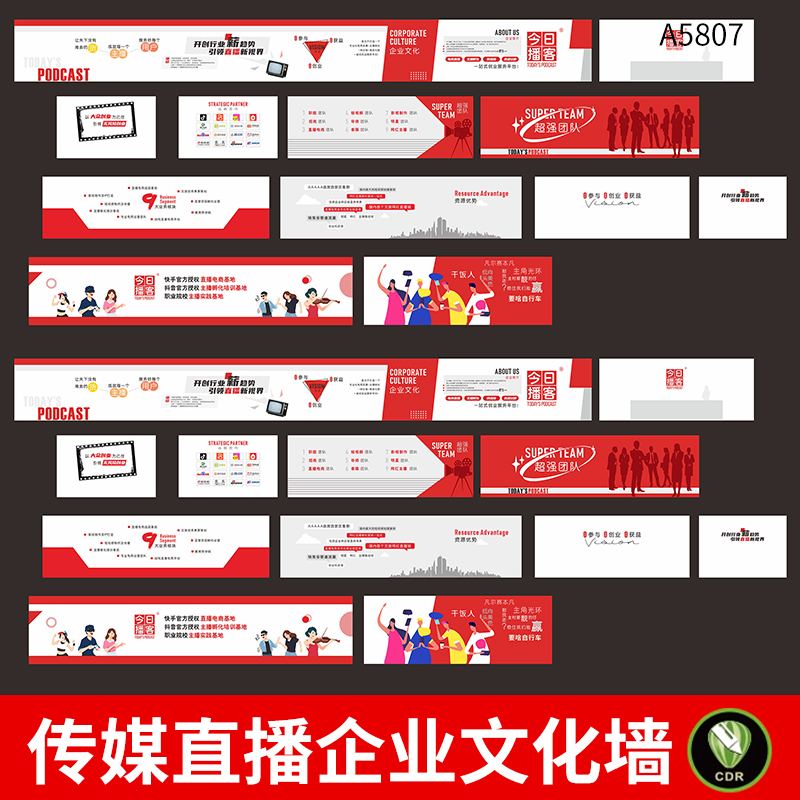 传媒直播公司简介文化墙模板直播公司品牌墙团队照片墙CDR素材