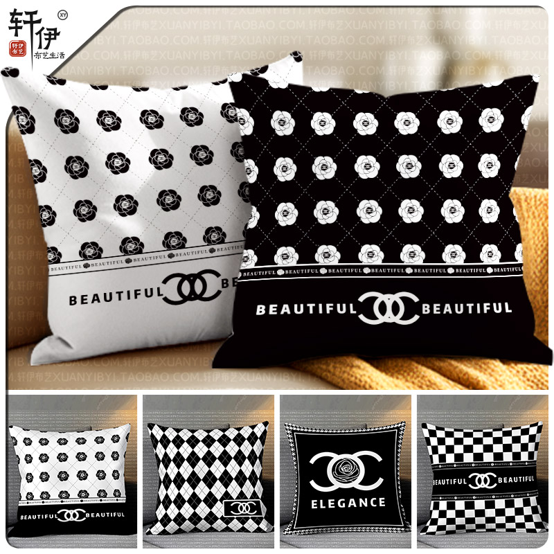 黑白格子山茶花抱枕客厅沙发靠垫